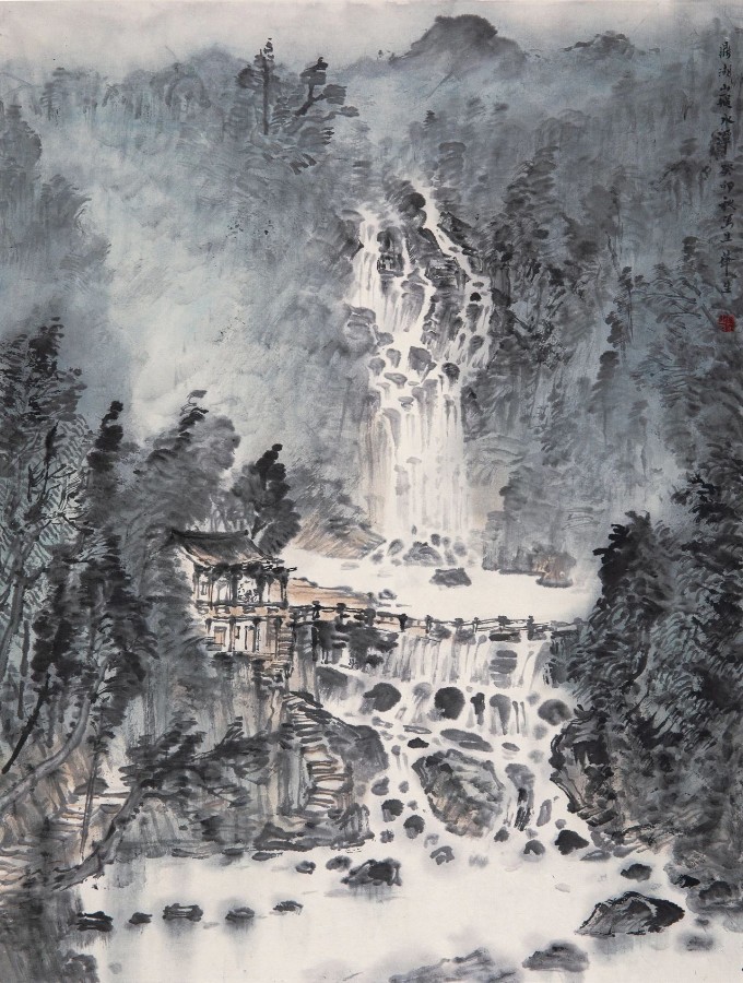 莫肇生《鼎湖山飞水潭》 中国画  46x34cm.jpg